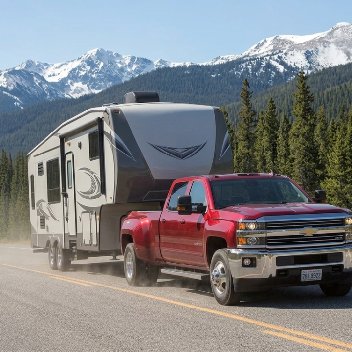 Red Chevrolet / GMC Dually Towing RV