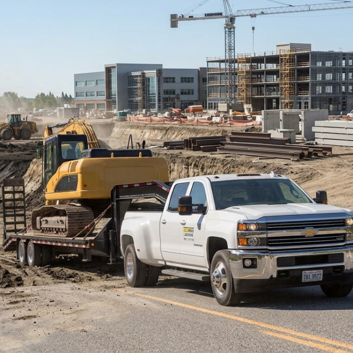 White Chevy Dually hauling heavy equipment