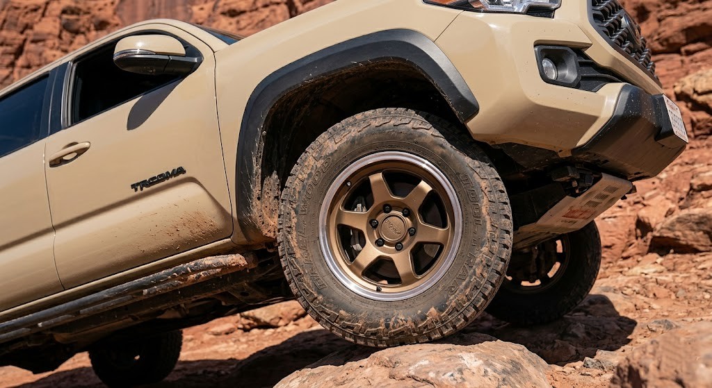An off-road Toyota Tacoma navigating rocks, proving the durability of the aluminum New Toyota Hub Rings under extreme stress.