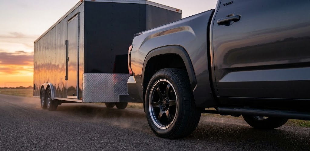 2022 Toyota Tundra TRD Pro towing a heavy trailer, utilizing New Toyota Hub Rings for a stable, vibration-free ride.