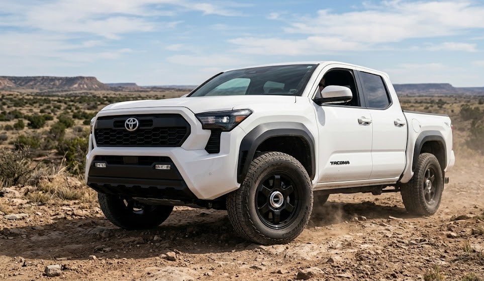 Front three-quarter view of a modified white 2024 Toyota Tacoma TRD Off-Road truck on a rugged dirt trail in a West Texas landscape, showing aftermarket wheels and the installed metallic silver aluminum New Toyota Hub Ring.